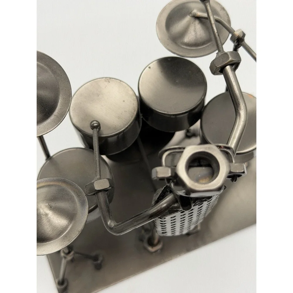 Nuts & Bolts Band Drummer and Guitar  Desk Pen Holders Metal Musicians Sculpture